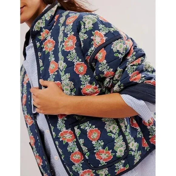 Women’s Navy Cropped Puffer Jacket Floral Printed Quilted Lightweight Coat - Picture 5 of 6